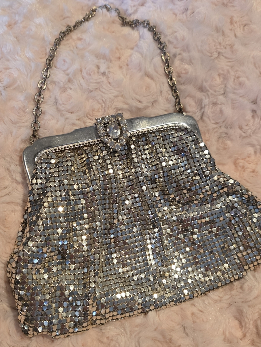 Vintage Silver Crystal Mesh Evening Bag with Chain Handle